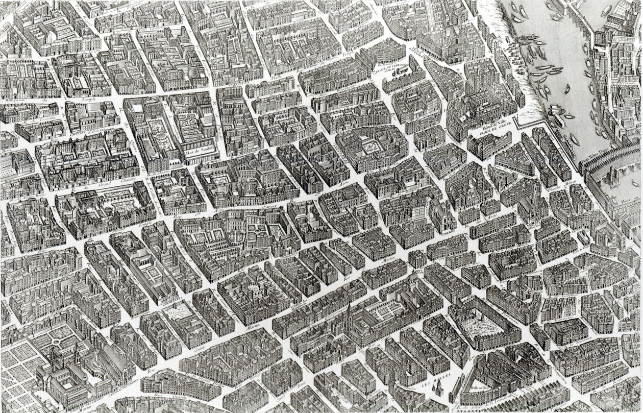 Pariisin suunnitelma, joka tunnetaan nimellä "Plan de Turgot", kaivertanut Claude Lucas, 1734-39 (yksityiskohta) tekijältä Louis Bretez