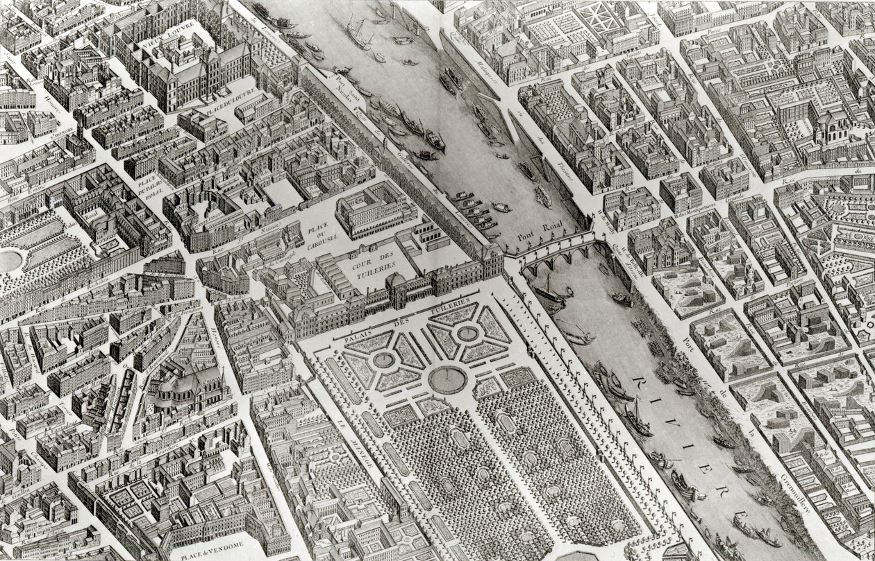 Pariisin suunnitelma, joka tunnetaan nimellä "Plan de Turgot", kaivertanut Claude Lucas, 1734-39 (yksityiskohta) tekijältä Louis Bretez