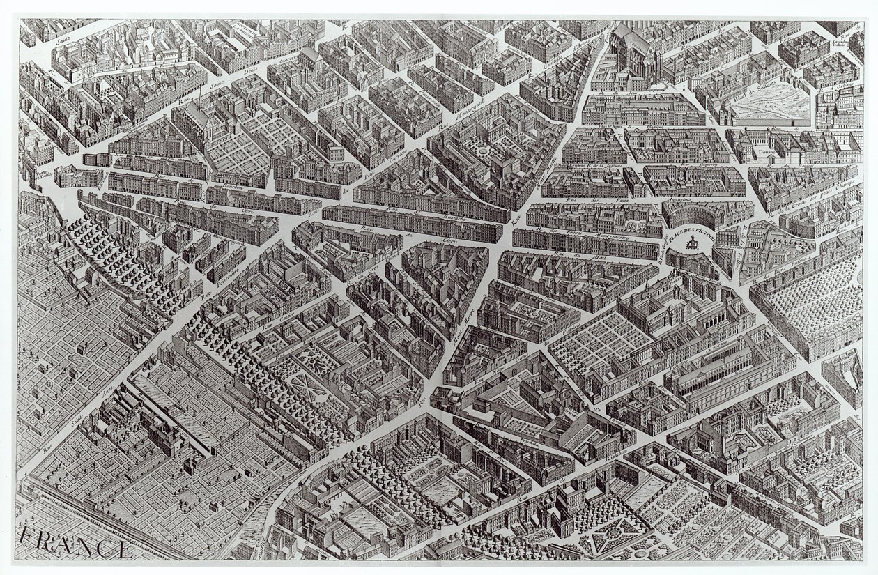 Pariisin suunnitelma, joka tunnetaan nimellä "Plan de Turgot", kaivertanut Claude Lucas, 1734-39 (yksityiskohta) tekijältä Louis Bretez