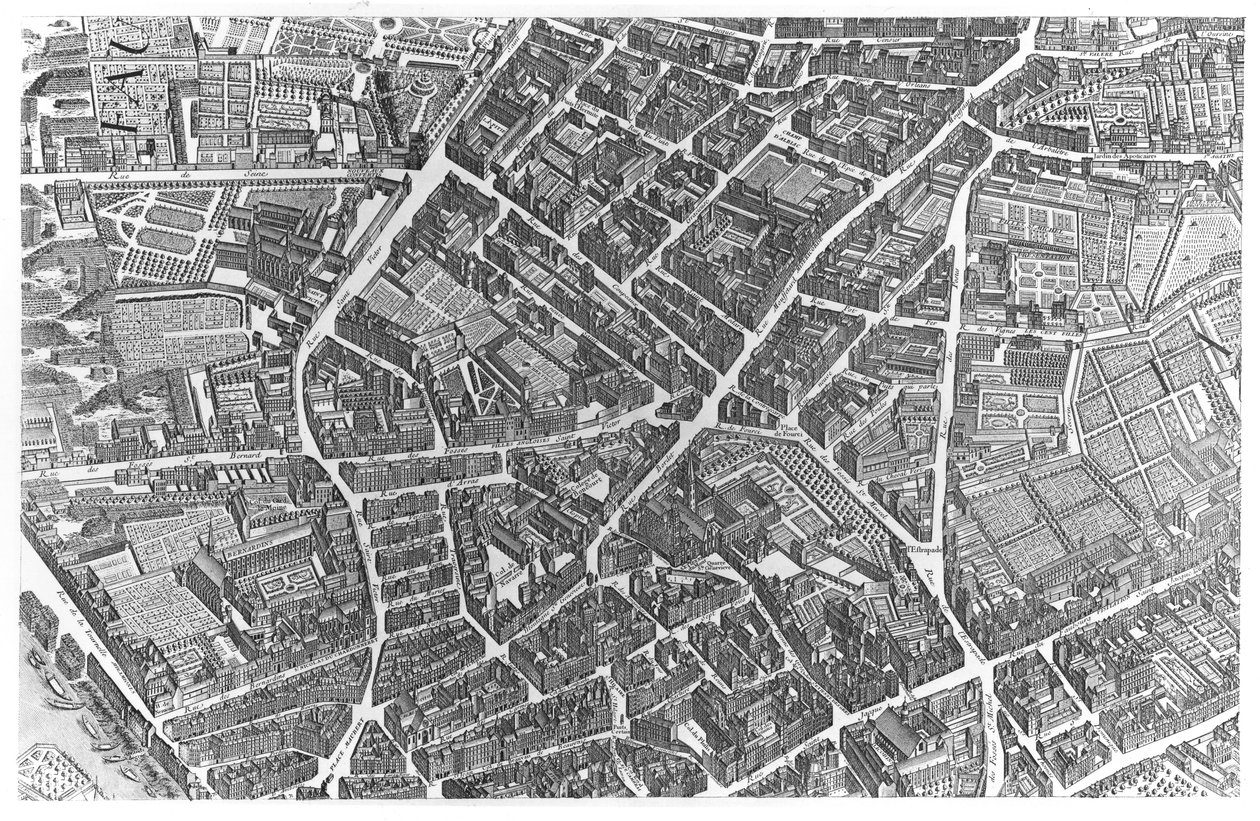 Pariisin suunnitelma, joka tunnetaan nimellä "Plan de Turgot", s. 7, kaiverrus Claude Lucas, 1734-39 (yksityiskohta) tekijältä Louis Bretez