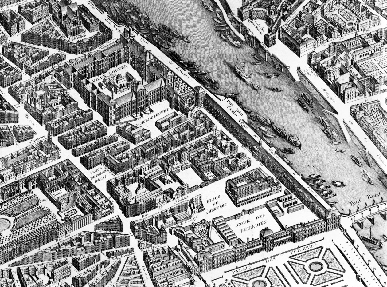 Vanha Louvre, Palais Royal ja Tuileries, yksityiskohta Pariisin suunnitelmasta, joka tunnetaan nimellä Plan de Turgot, kaiverrus Claude Lucas, 1734-39 kaiverrus yksityiskohta numerosta 233535 tekijältä Louis Bretez