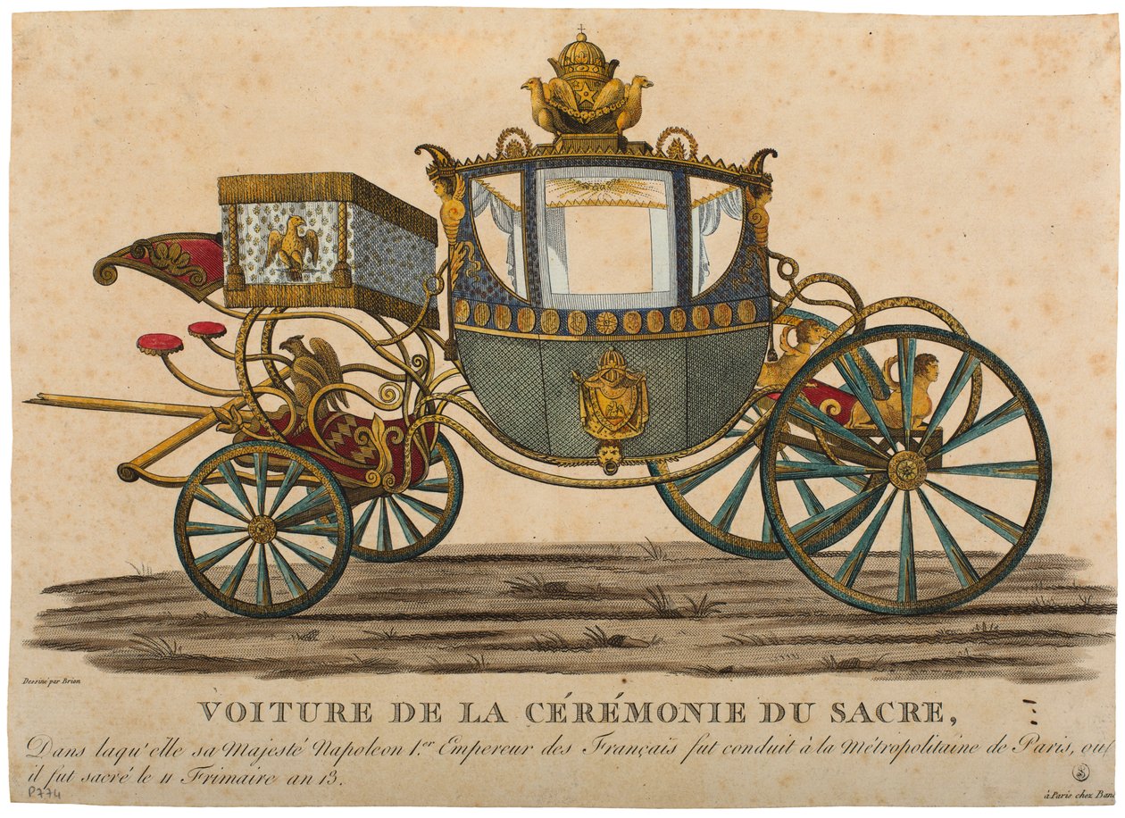 Keisari Napoleon I:n kruunajaisiin liittyvät vaunut, jotka pidettiin 11 Frimaire, vuosi XIII, värillinen kaiverrus. tekijältä Louis Brion de la Tour fils