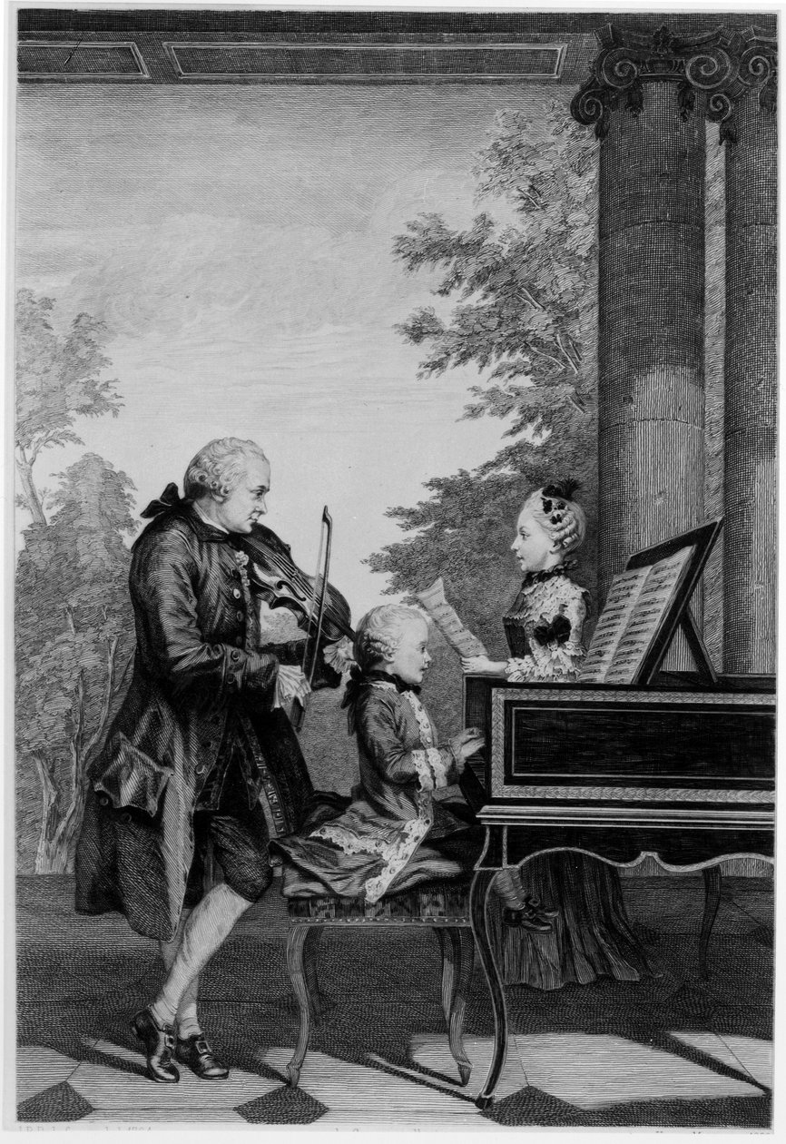 Leopold Mozart (1719-87) ja hänen kaksi lastaan, Wolfgang Amadeus (1756-91) ja Maria-Anna (Nannerl) (1751-1829) tekijältä Louis Carrogis dit Carmontelle