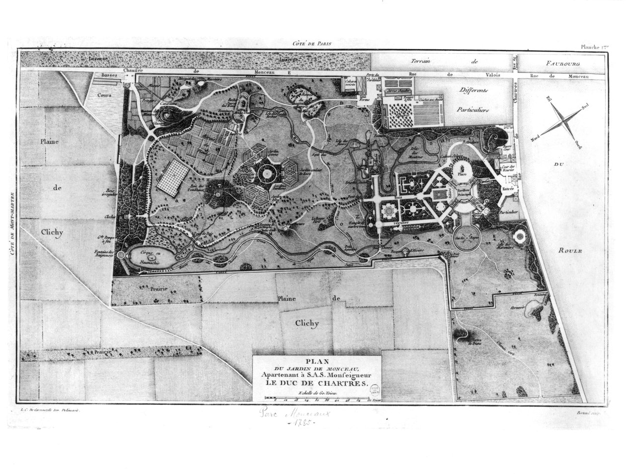 Chartresin herttualle (1747-93) kuuluva Parc Monceaun suunnitelma Pariisissa 1785 tekijältä Louis Carrogis dit Carmontelle