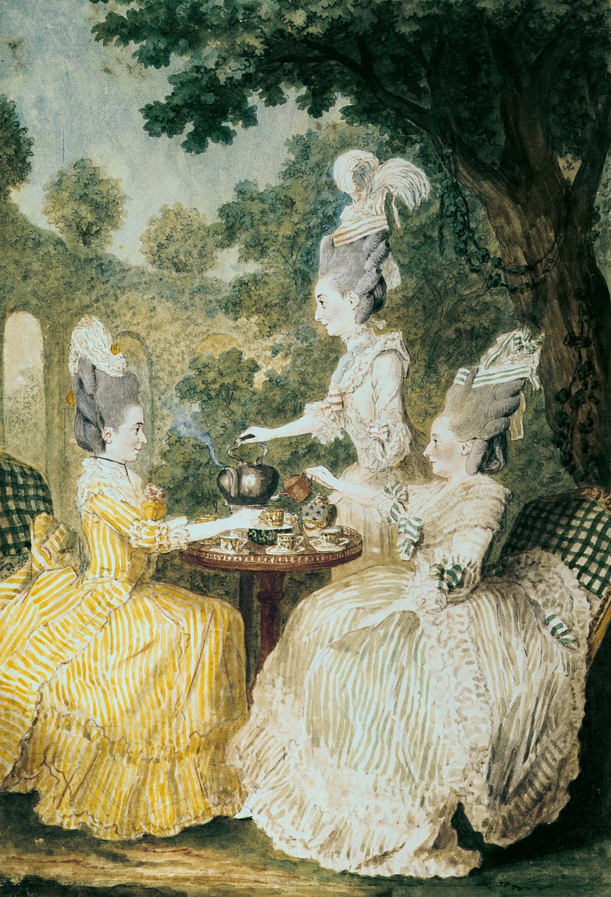La Marquise de Montesson, La Marquise de Crest ja la Comtesse de Damas juovat teetä (akvarelli paperille) tekijältä Louis Carrogis dit Carmontelle
