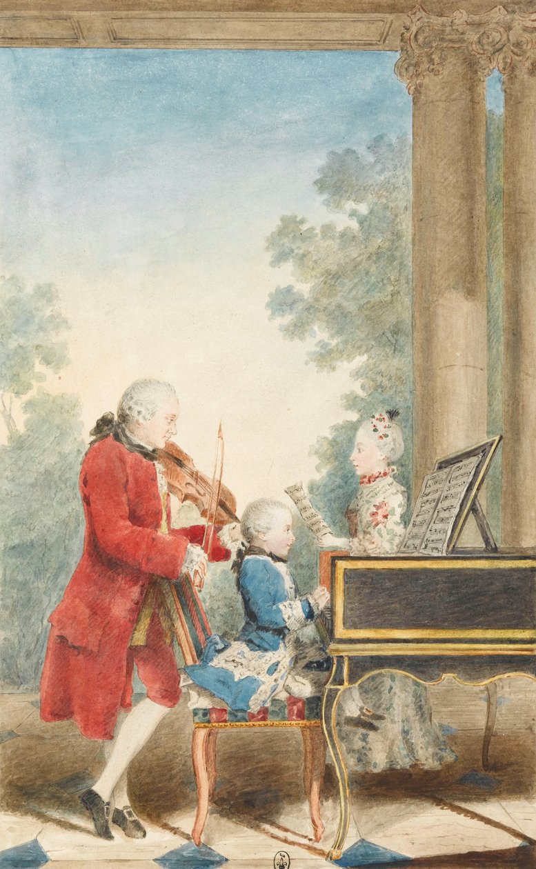 Muotokuva Wolfgang Amadeus Mozartista (Salzburg, 1756-Wien, 1791), joka leikkii Pariisissa isänsä Jeanin kanssa ... tekijältä Louis Carrogis dit Carmontelle