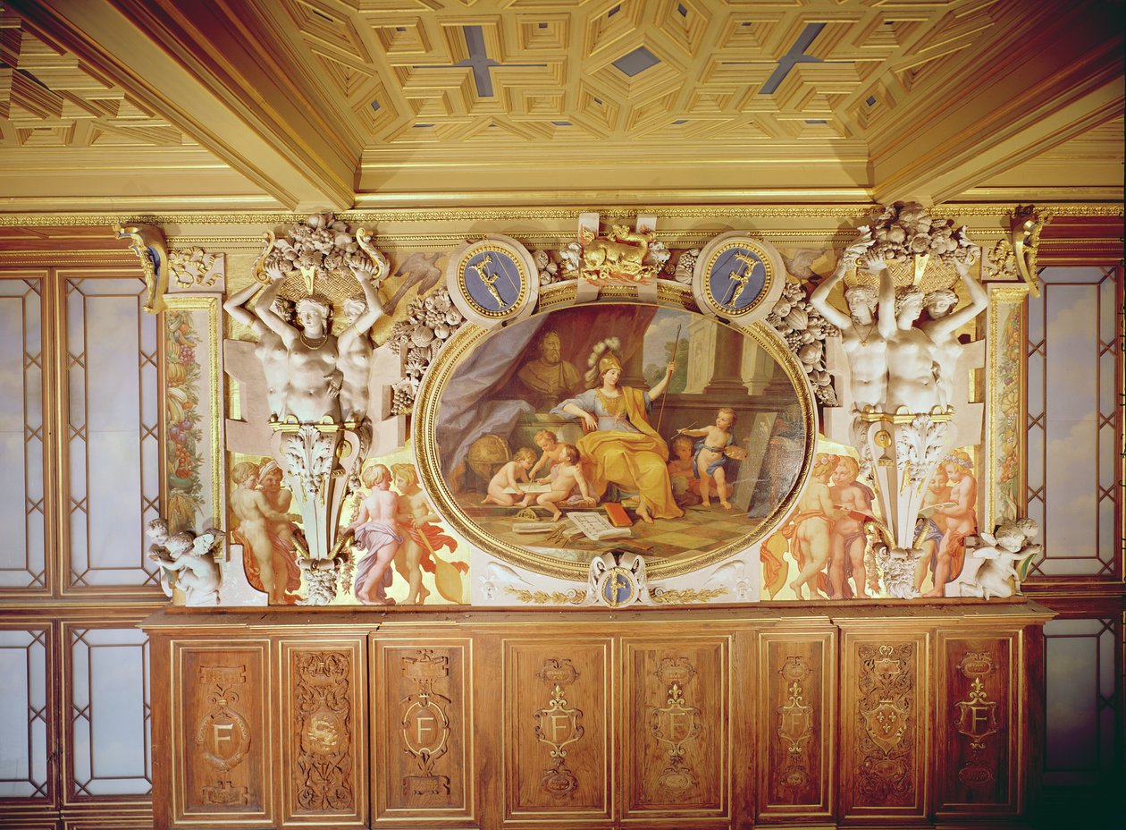 Galerie François I, Fresko "La Nymphe de Fontainebleau" (stukkopäällystetty, osa kattoa ja puutyöt näkyvissä), Rosso Fiorentinon, Giovanni Battistan (1494-1540), 1860 (fresko, stukko- ja tekijältä Louis Charles Auguste Couder