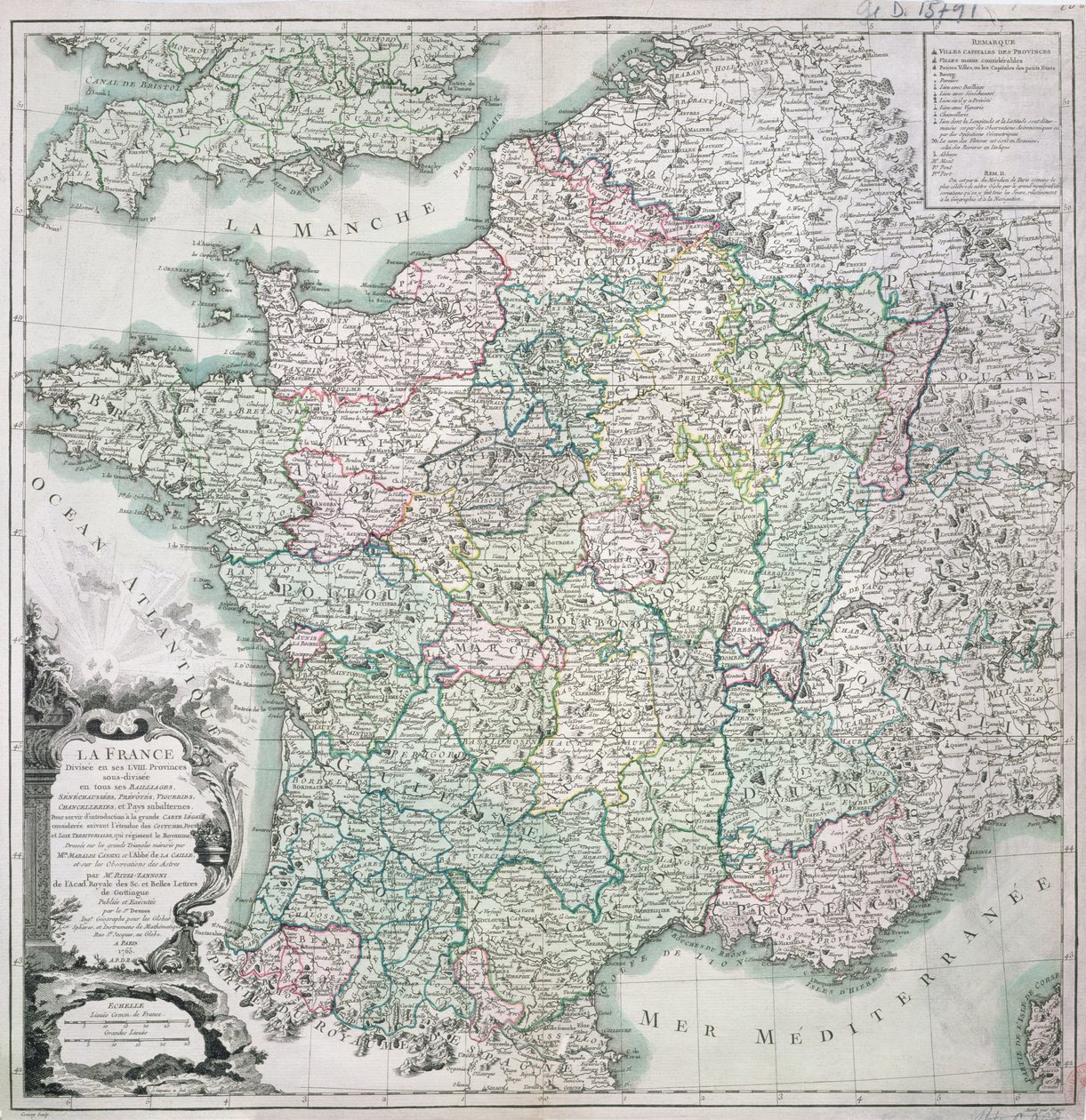 Ranskan kartta jaettuna 58 maakuntaan, 1765 tekijältä Louis Charles Desnos