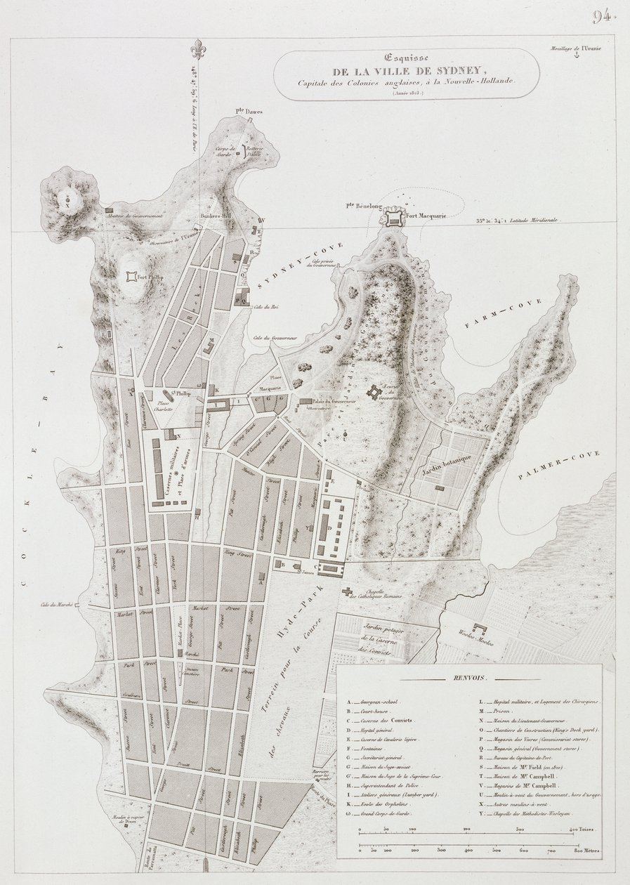 Sydneyn kaupungin suunnitelma, Voyage Autour du Monde (1817-20), julkaistu 1822-24 tekijältä Louis Claude Desaulses de Freycinet