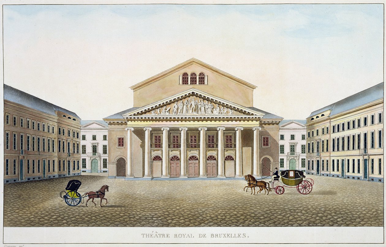 Theatre Royal, Bryssel, Pierre Jacques Goetghebuerin Alankomaiden kuningaskunnan merkittävimpien monumenttien, rakennusten ja talojen valinnasta, kirjailijan kaiverrus, julkaistu 1827 (akvatinta) (s tekijältä Louis Damesme