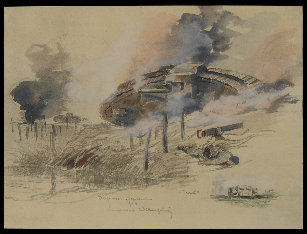 Tank on Somme, syyskuu 1916 (wc ja kynä paperille) tekijältä Louis Dauphin