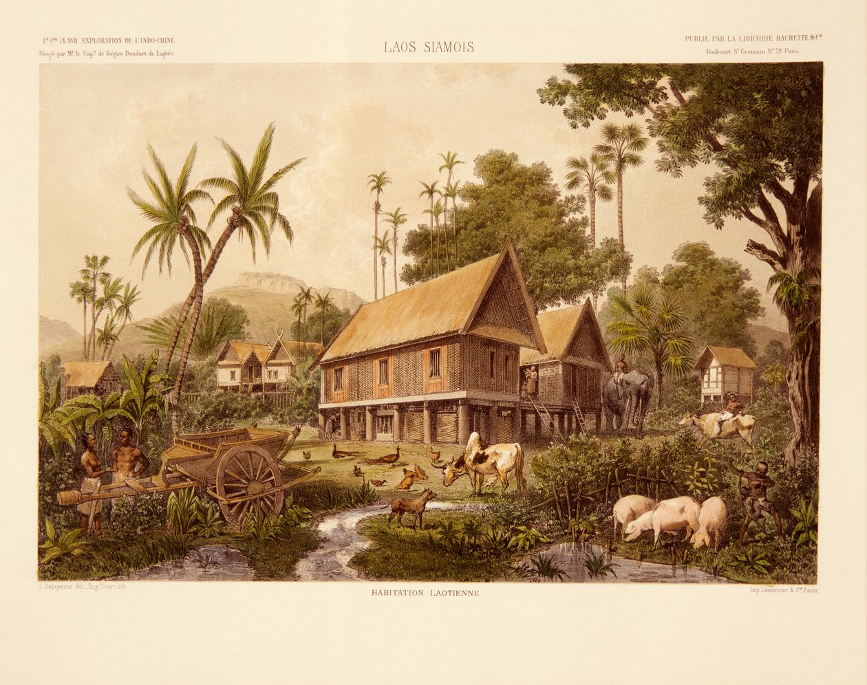 Laosin talo, printti Eug. Ciceri, kuvitus Francis Garnierin ja Ernest Doudart de Lagreen teoksesta "An Exploratory Voyage in Indo-Kiinassa vuosina 1866, 1867 ja 1868", julkaistu 1873 (colou tekijältä Louis Delaporte