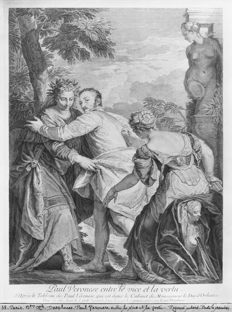 Veronese (Paolo Caliari) paheen ja hyveen välissä, taiteilijan maalauksesta, joka sijaitsee Cabinet de Monseigneur le Duc d