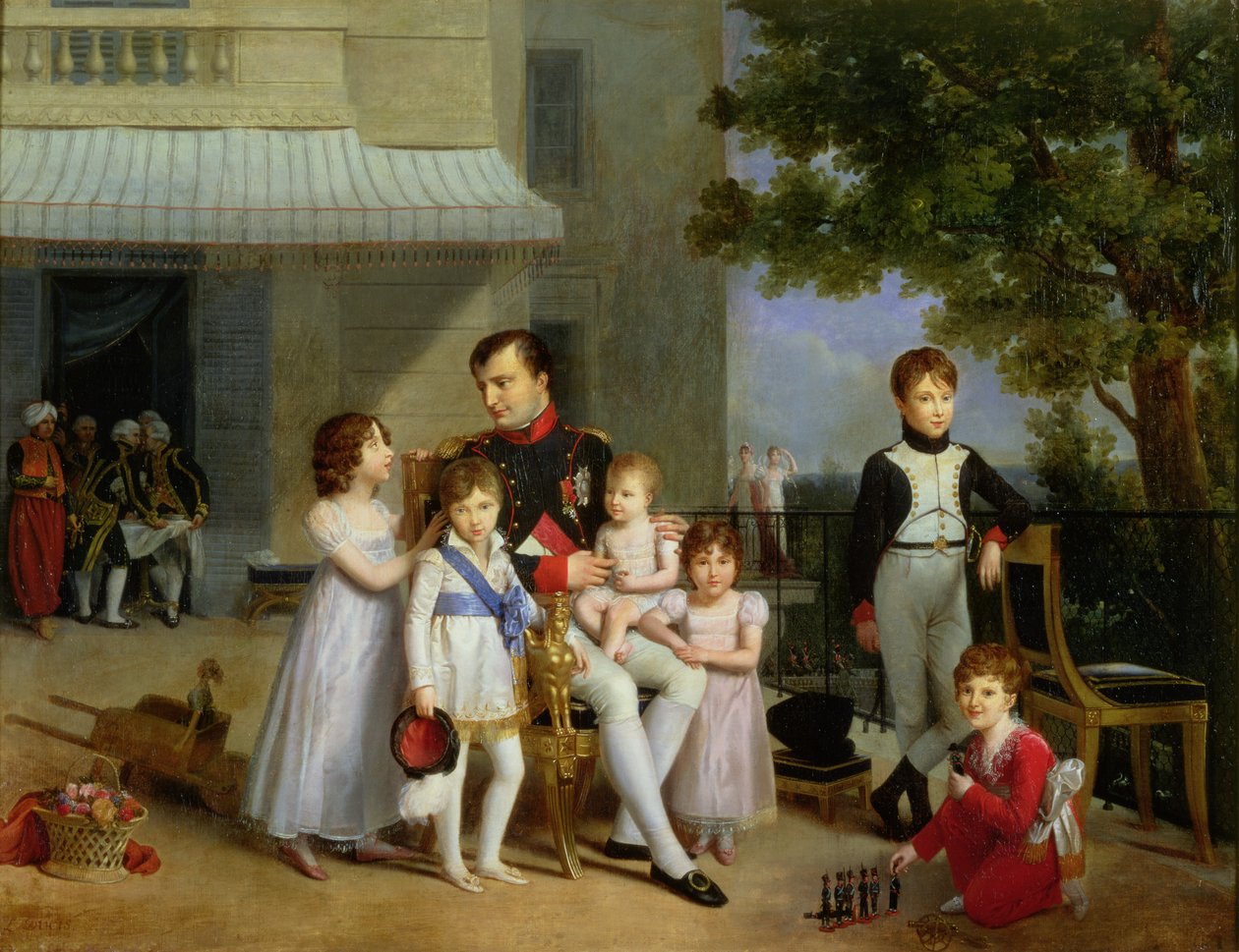 Muotokuva Napoleon Bonapartesta (1769-1821) veljenpoikiensa ja veljentyttärensä kanssa Saint-Cloudin terassilla, 1810 tekijältä Louis Ducis