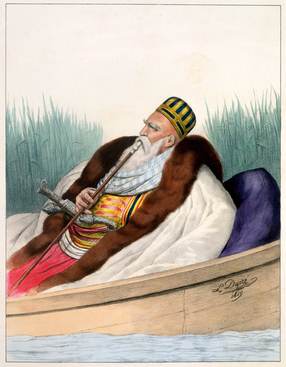 Ali Pasha de Janina veneessä Butrinte-järvellä vuonna 1819 - Levy VII, kaiverrettu Lemercier teoksesta "Voyage à Athens et a à Constantinopoli", kirjoittanut ja kuvittanut Dupre, 1828 tekijältä Louis Dupré