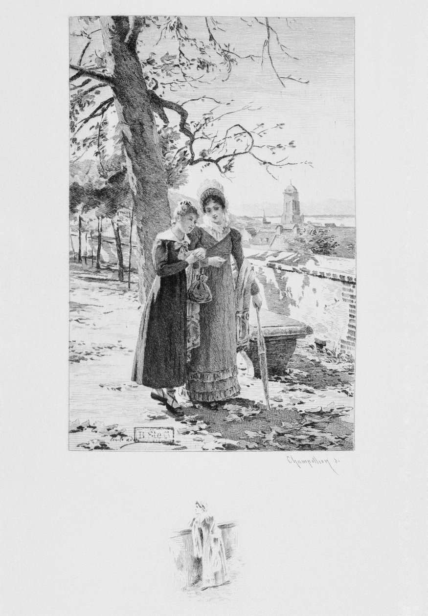 Madame Aubain ja Felicite, kuvitus Gustave Flaubertin (1821-80) Un coeur simple -teoksesta, julkaistu 1894, kaiverrus Eugene Andre Champollion (1848-1901) Paris, Libraire Publisher A. Ferroud (etchi) tekijältä Louis Emile Adan