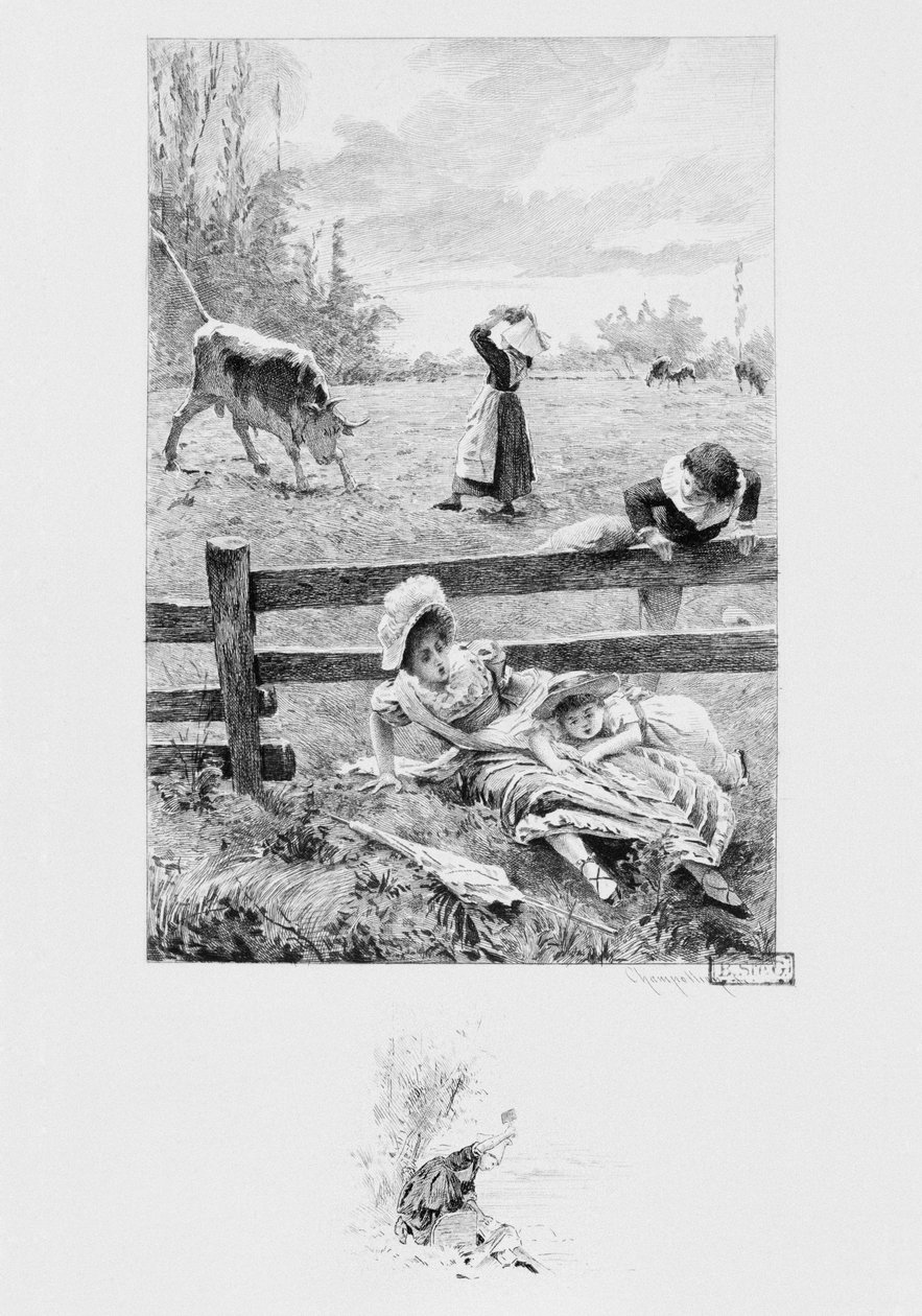 Palvelija Felicite ja härkä, kuvitus Gustave Flaubertin (1821-80) Un coeur simple -kirjasta, julkaistu 1894, kaiverrus Eugene Andre Champollion (1848-1901) Paris, Libraire Editeur A. Ferroud tekijältä Louis Emile Adan