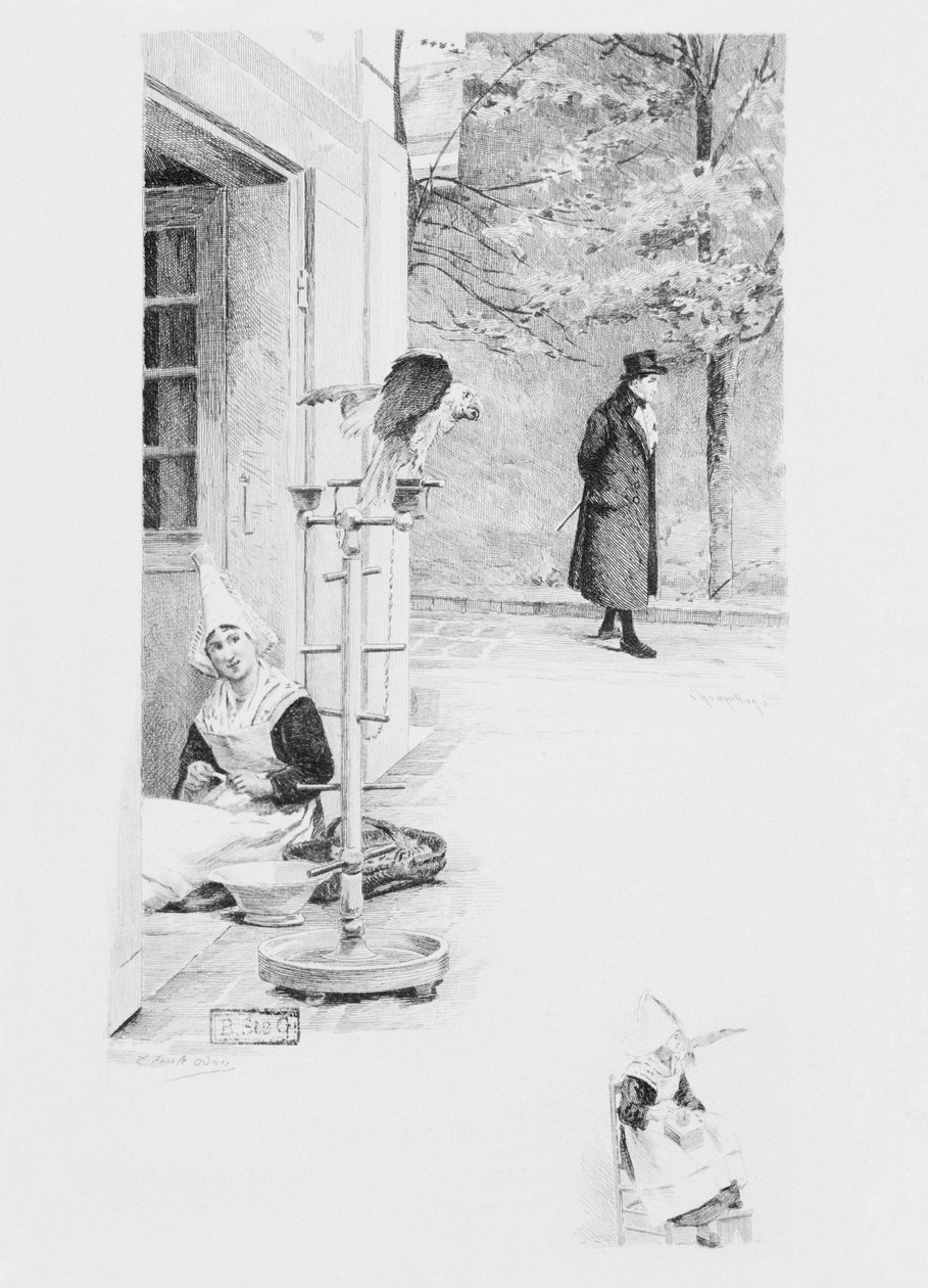 Palvelija Felicite ja papukaija Loulou, kuvitus Gustave Flaubertin (1821-80) Un coeur simple -kirjasta, julkaistu 1894, kaiverrus Eugene Andre Champollion (1848-1901) Paris, Libraire Editeur A tekijältä Louis Emile Adan