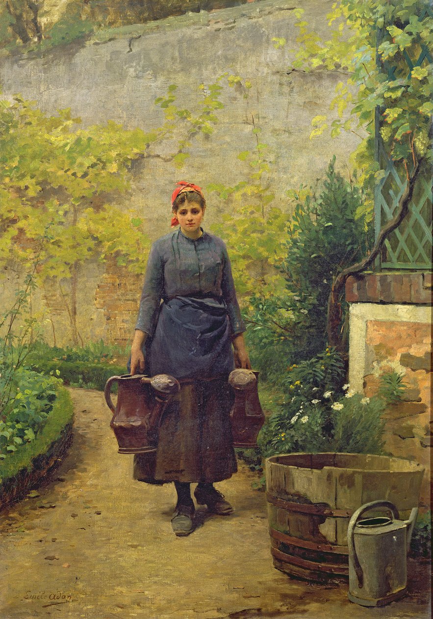 Nainen kasteluastioiden kanssa tekijältä Louis Emile Adan