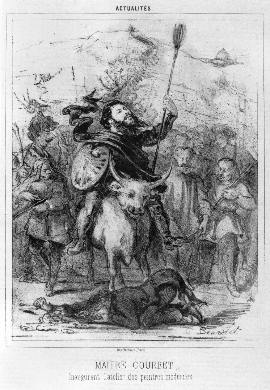 Maitre Courbet avaamassa modernien maalareiden työpajan, karikatyyri Le Boulevardilta, 1862 (bw kuva) tekijältä Louis Emile Benassit