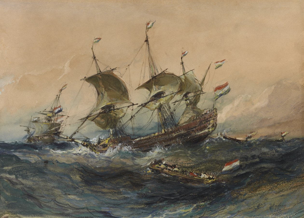 Hollantilaiset laivat myrskyssä, 1839 (wc ja guassi kudottupaperille) tekijältä Eugene Isabey