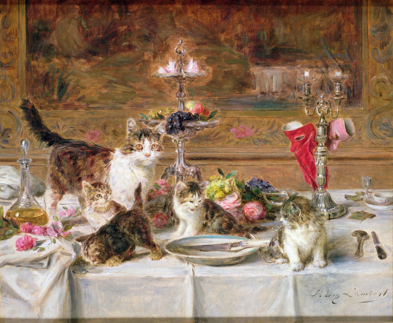 Kissanpentuja juhlaillallisella, 1800-luku tekijältä Louis Eugene Lambert