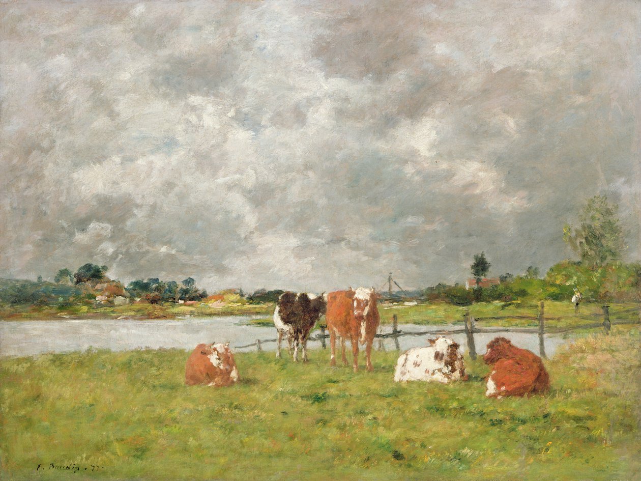 Lehmät pellolla myrskyisen taivaan alla, 1877 tekijältä Eugene Louis Boudin