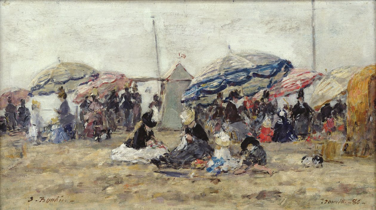 Aurinkovarjot Trouvillen rannalla, 1886 (öljy puulle) tekijältä Eugene Louis Boudin