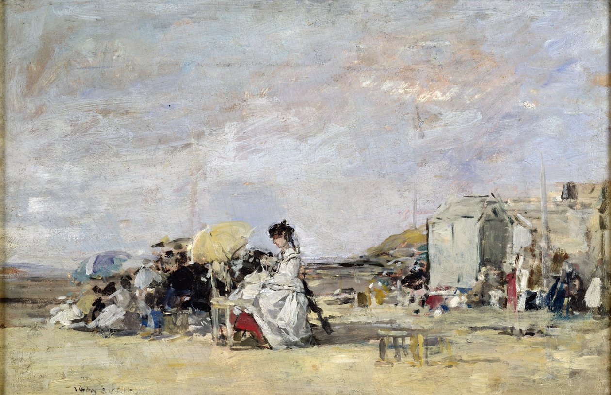Nainen valkoisessa rannalla Trouvillessa, 1869 (öljy kortille) tekijältä Eugene Louis Boudin