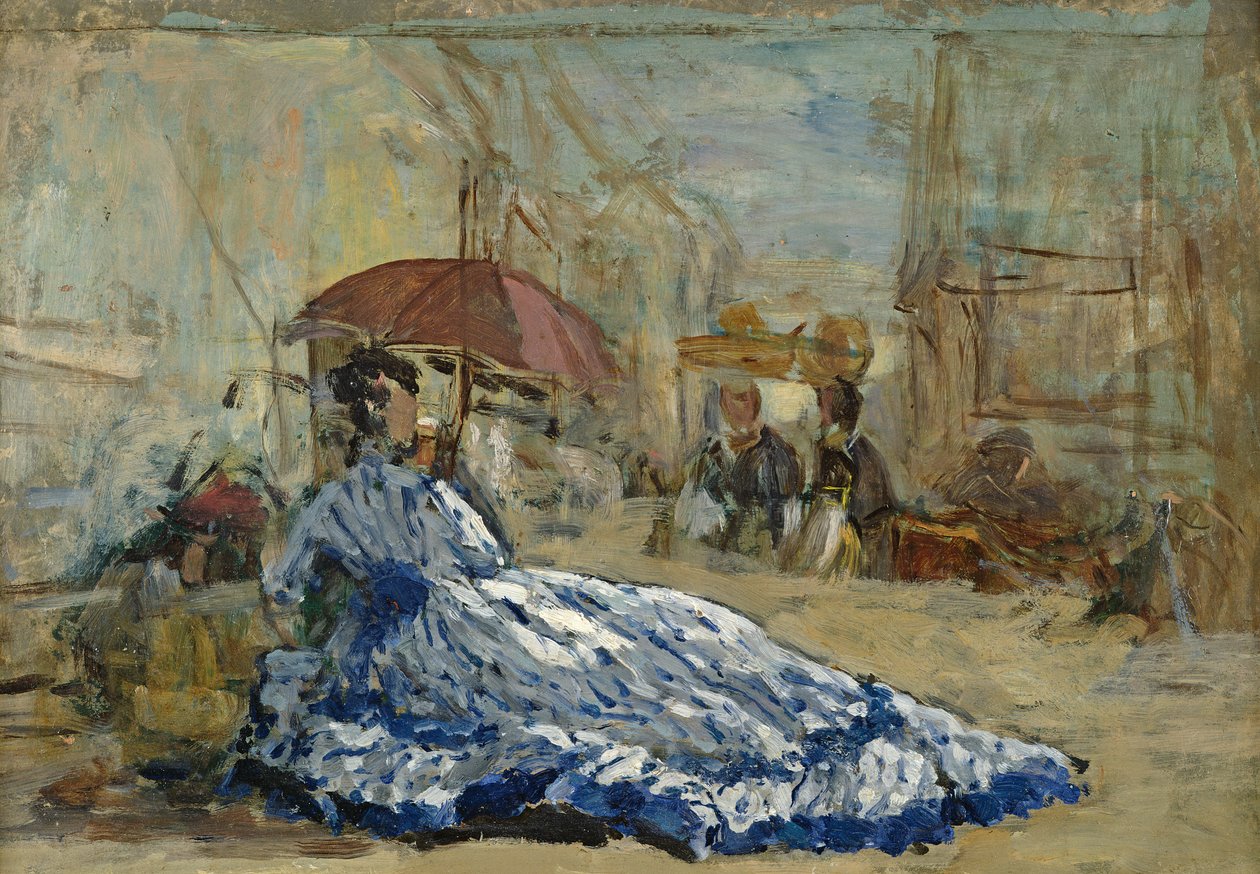 Nainen sinisessä mekossa päivänvarjon alla, n. 1865 (öljy kortille) tekijältä Eugene Louis Boudin