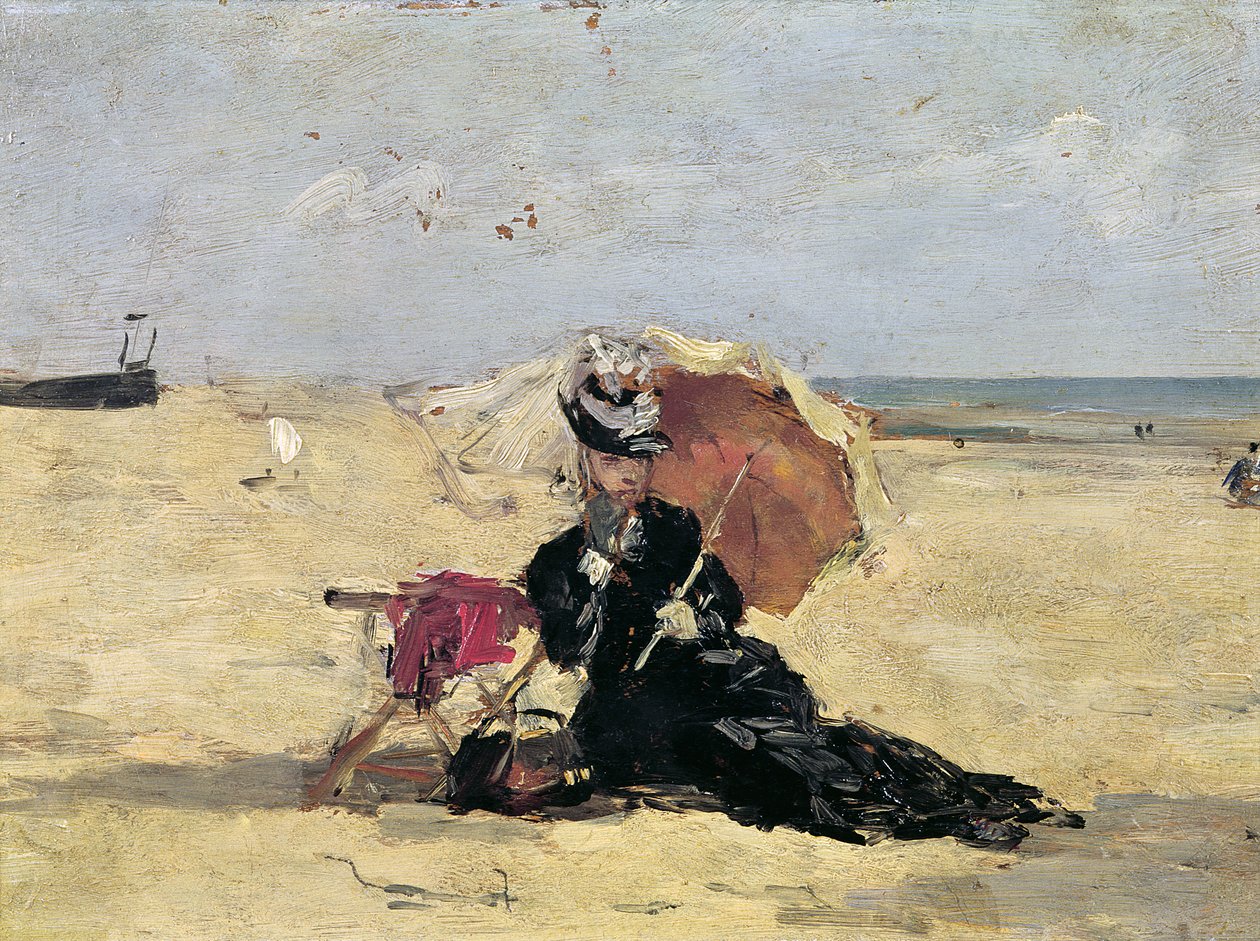 Nainen aurinkovarjolla rannalla, 1880 tekijältä Eugene Louis Boudin