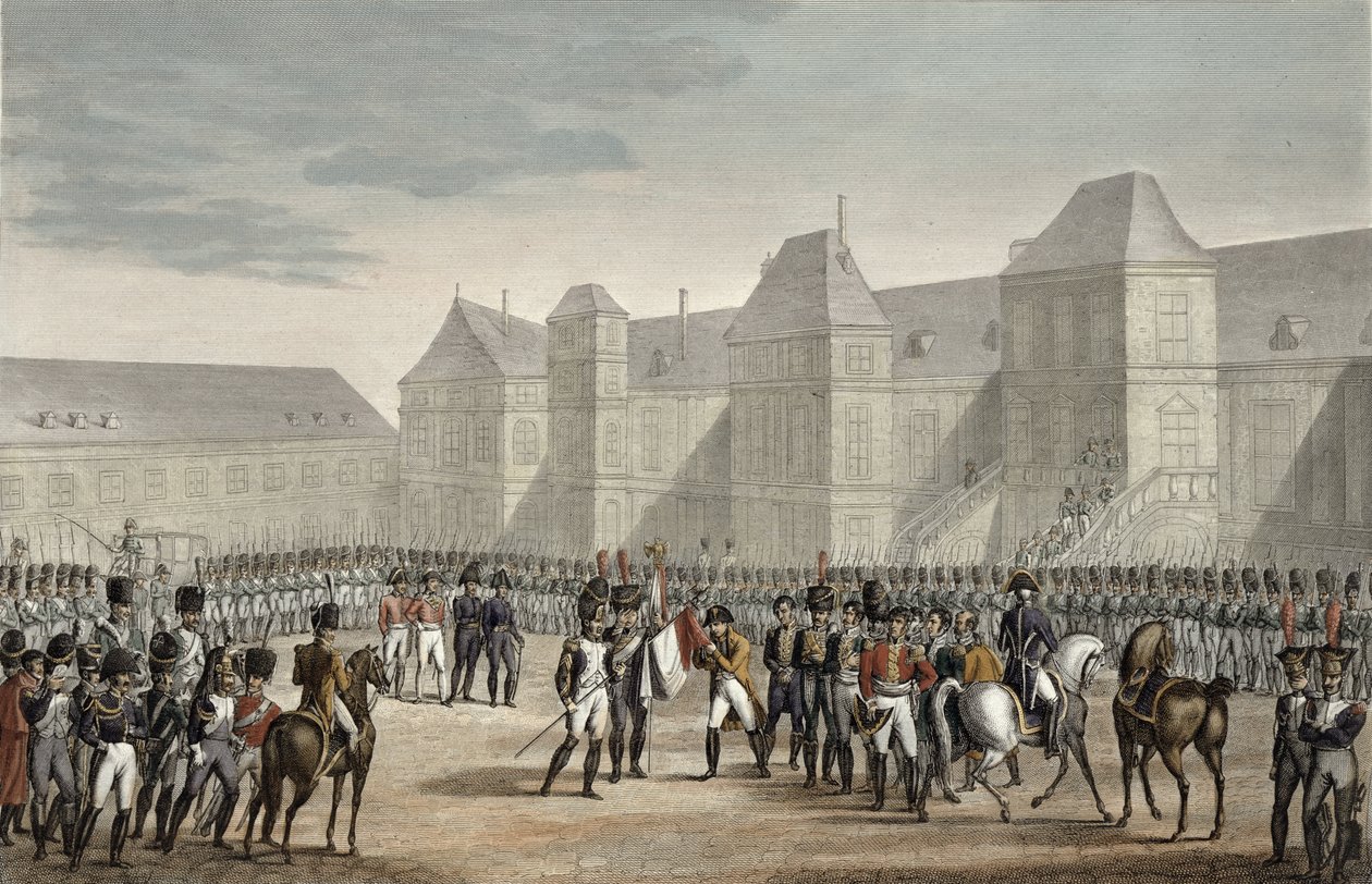 Napoleonin luopuminen vallasta ja hänen lähtönsä Fontainebleausta Elban saarelle, 20. huhtikuuta 1814, kaiverrus Francois Pigeot (s.1775) (akvatinta) tekijältä Louis Francois Couche