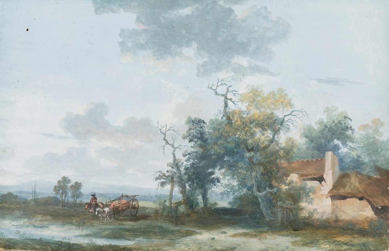 Paysage avec une chaumière et un homme sur un cheval et une charrette tekijältä Louis Gabriel Moreau