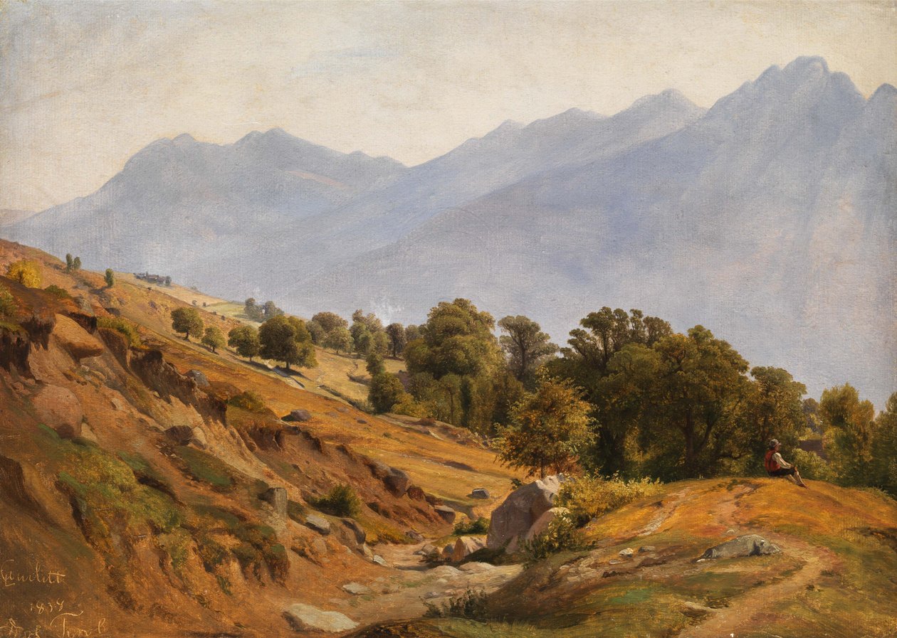 Gebirgslandschaft der Gegend von Dorf Tirol tekijältä Louis Gurlitt