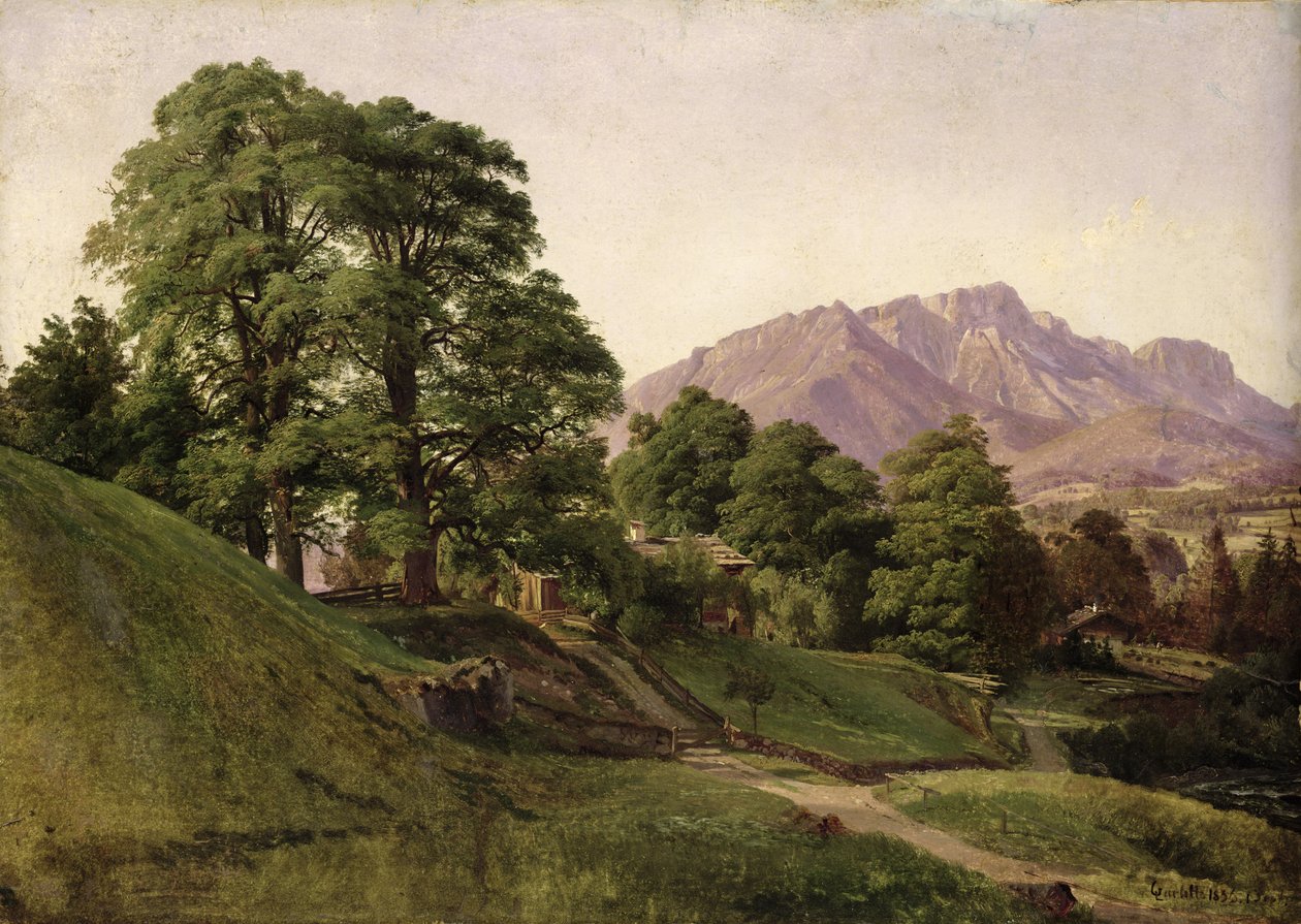 Maisema Ylä-Baijerissa, 1836 (öljy paperille kiinnitetty korttiin) tekijältä Louis Gurlitt