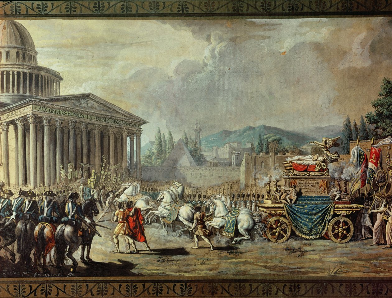 Voltairen (1694-1778) kuolevaisten jäänteiden käännös Pariisin Pantheoniin 10. heinäkuuta 1791 (yksityiskohta) tekijältä Louis Jean François Lagrenée