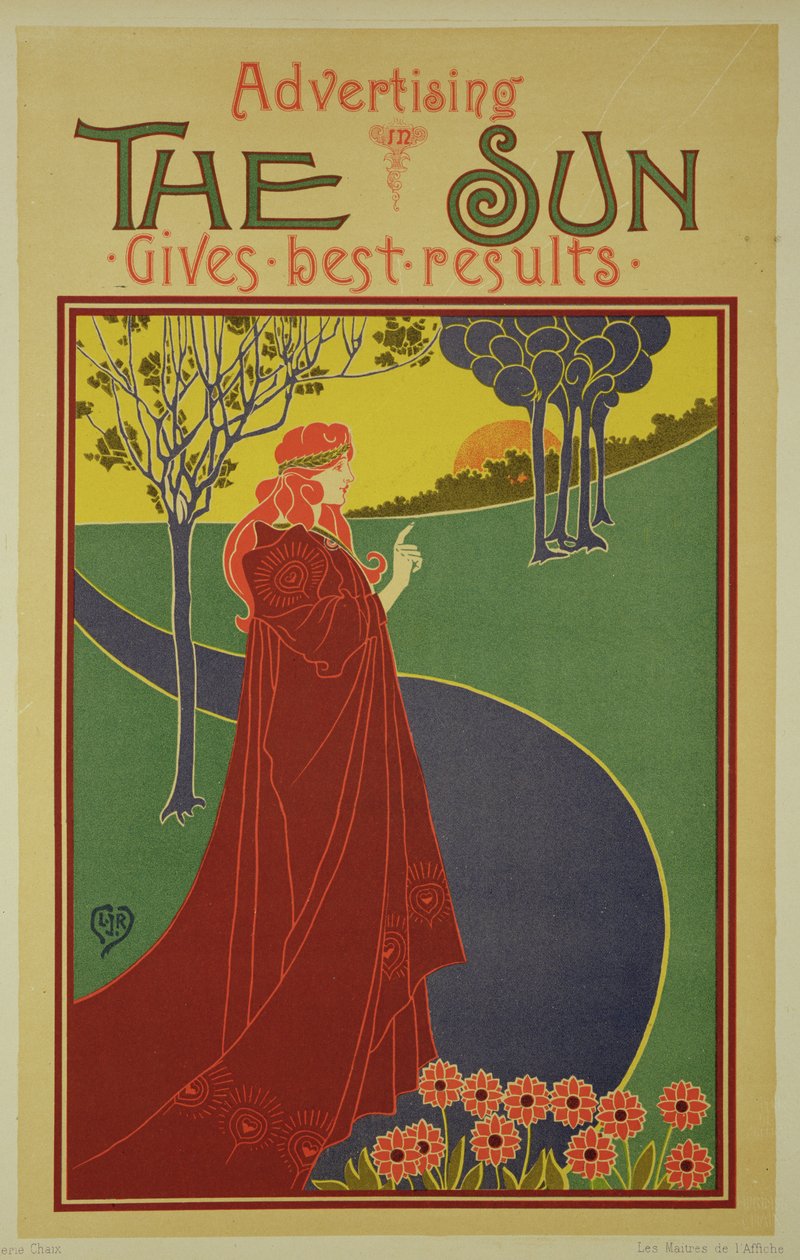 Jäljennös julisteesta, joka mainostaa yhdysvaltalaista sanomalehteä "The Sun". tekijältä Louis John Rhead