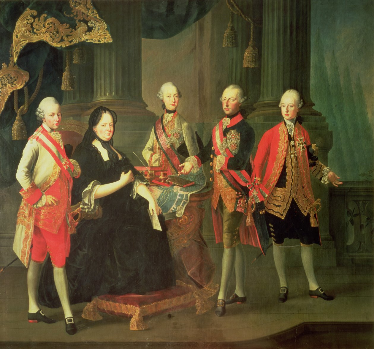 Itävallan keisarinna Maria Teresa (1717-80) neljän poikansa kanssa; (LtoR) Joseph (1741-90), Ferdinand (1754-1806), Leopold (1747-92) ja Maximilian (1756-1801) tekijältä Louis Joseph Maurice