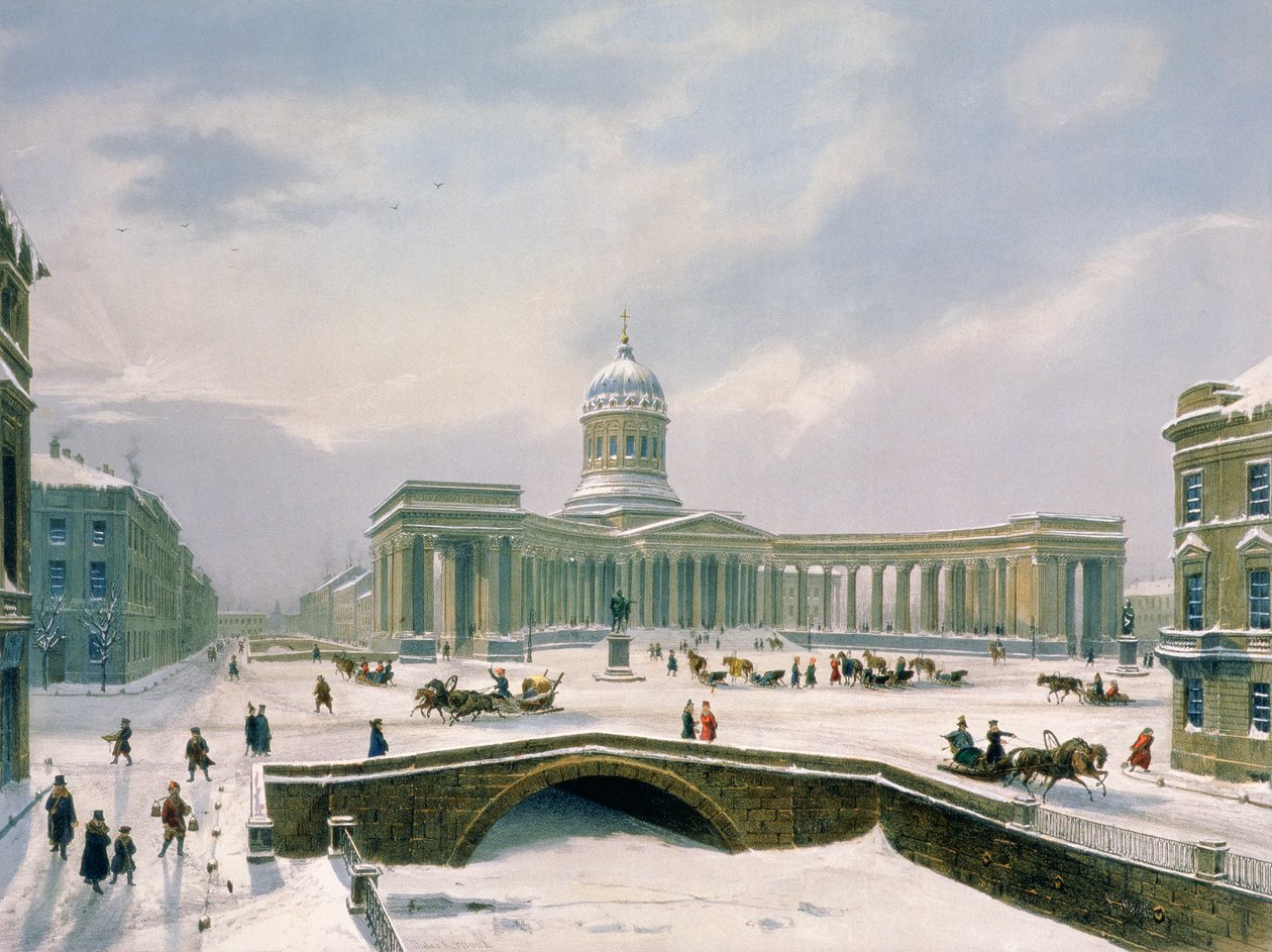 Kazanin katedraali, Pietari, Lemercier, Pariisi, 1840-luku (värilitografia) tekijältä Louis Jules Arnout
