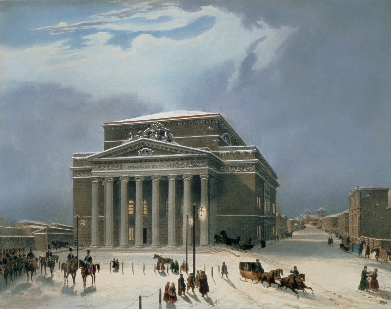 Bolshoi-teatteri Moskovassa, painatus Lemercier, Pariisi, 1840-luku tekijältä Louis Jules Arnout