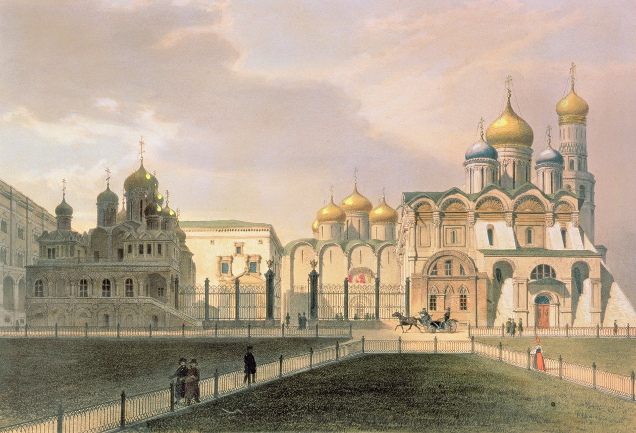 Näkymä Moskovan Kremlin katedraaleista, painatus Lemercier, Pariisi, 1840-luku tekijältä Louis Jules Arnout