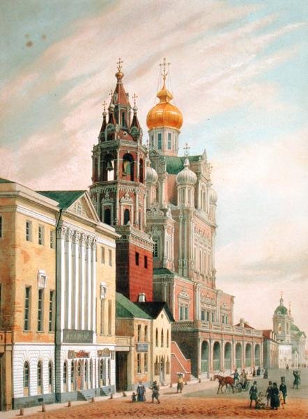 Neitsyt taivaaseenastumisen kirkko Pokrovskaja-kadulla Moskovassa, painatus Lemercier, Pariisi, 1840-luku tekijältä Louis Jules after Arnout