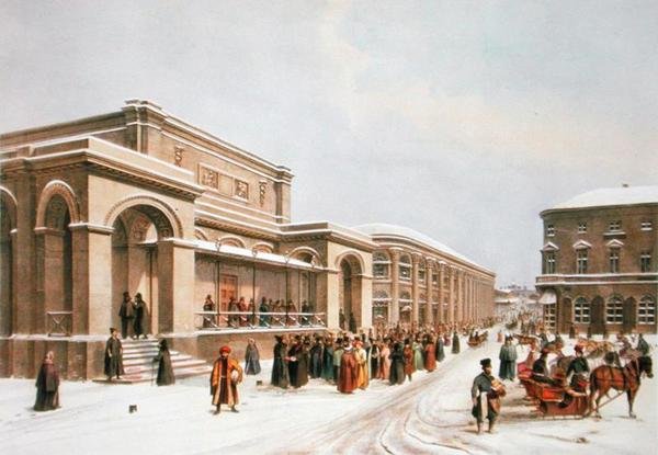 Uusi pörssi ja Arcade Moskovassa, painatus Lemercier, Pariisi, 1840-luku tekijältä Louis Jules after Arnout
