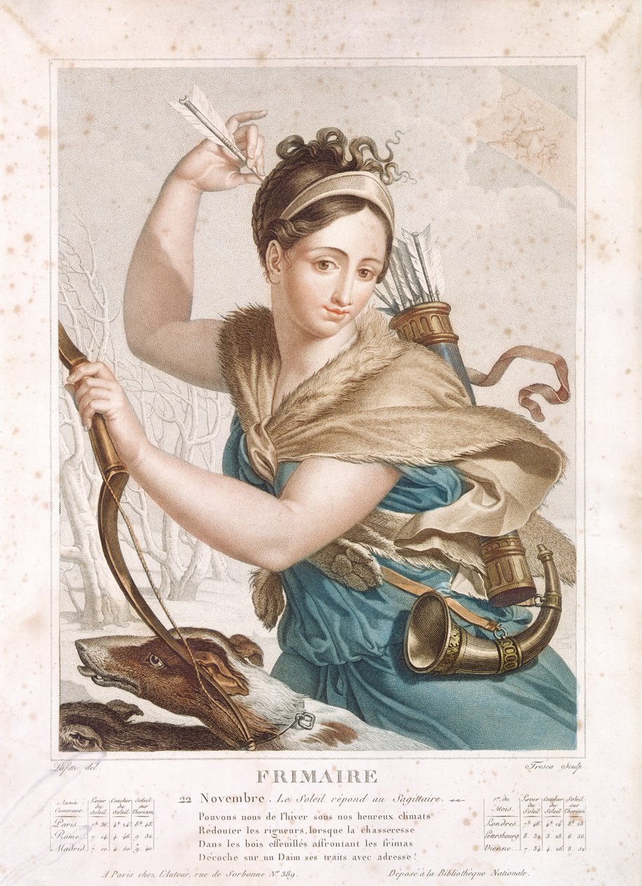 Frimaire (marraskuu joulukuu), republikaanisen kalenterin kolmas kuukausi, kaivertanut Tresca, n. 1794 tekijältä Louis Lafitte