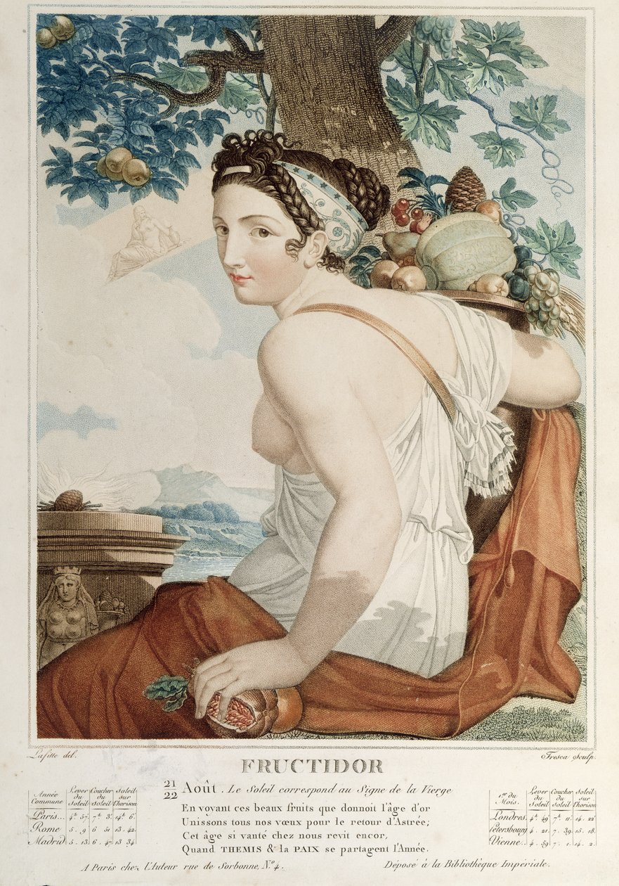 Fructidor (elo-syyskuu) tasavallan kalenterin kahdestoista kuukausi, Trescan kaiverrus, noin 1794. tekijältä Louis Lafitte