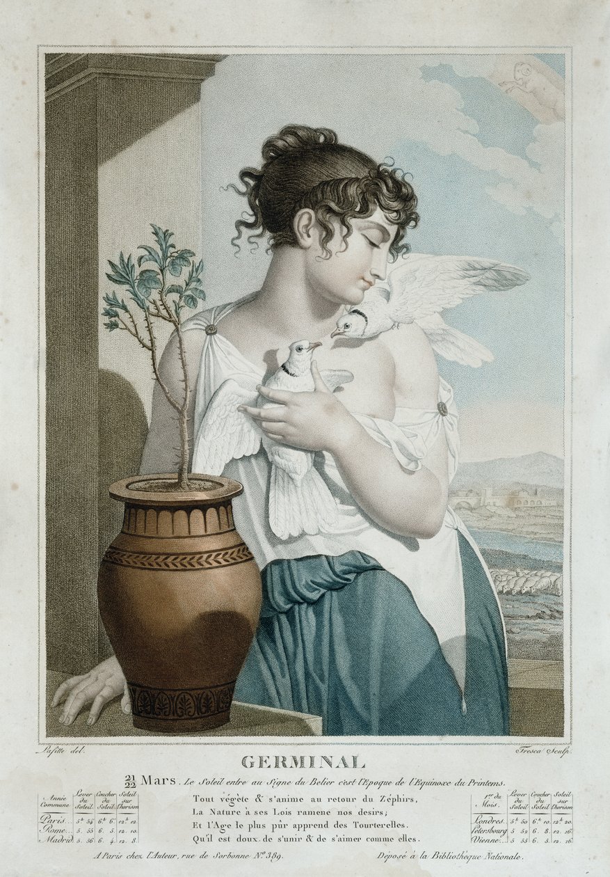 Germinal (maaliskuu huhtikuu), republikaanisen kalenterin seitsemäs kuukausi, kaivertanut Tresca, n. 1794 tekijältä Louis Lafitte