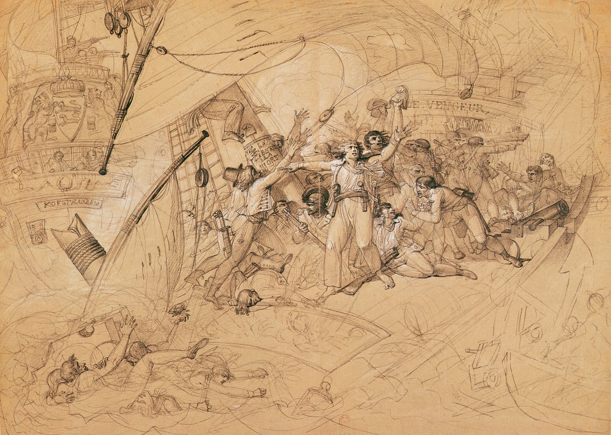 "Le Vengeur du Peuple" uppoamassa Ouessantin taistelussa, 1. kesäkuuta 1794 (grafiitti paperilla) tekijältä Louis Lafitte