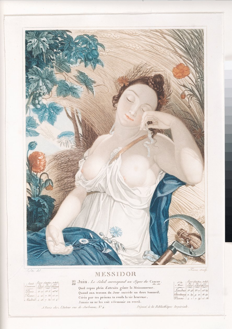 Messidor (kesäkuu heinäkuu), republikaanisen kalenterin kymmenes kuukausi, kaiverrus Tresca, ranska, n. 1794 tekijältä Louis Lafitte