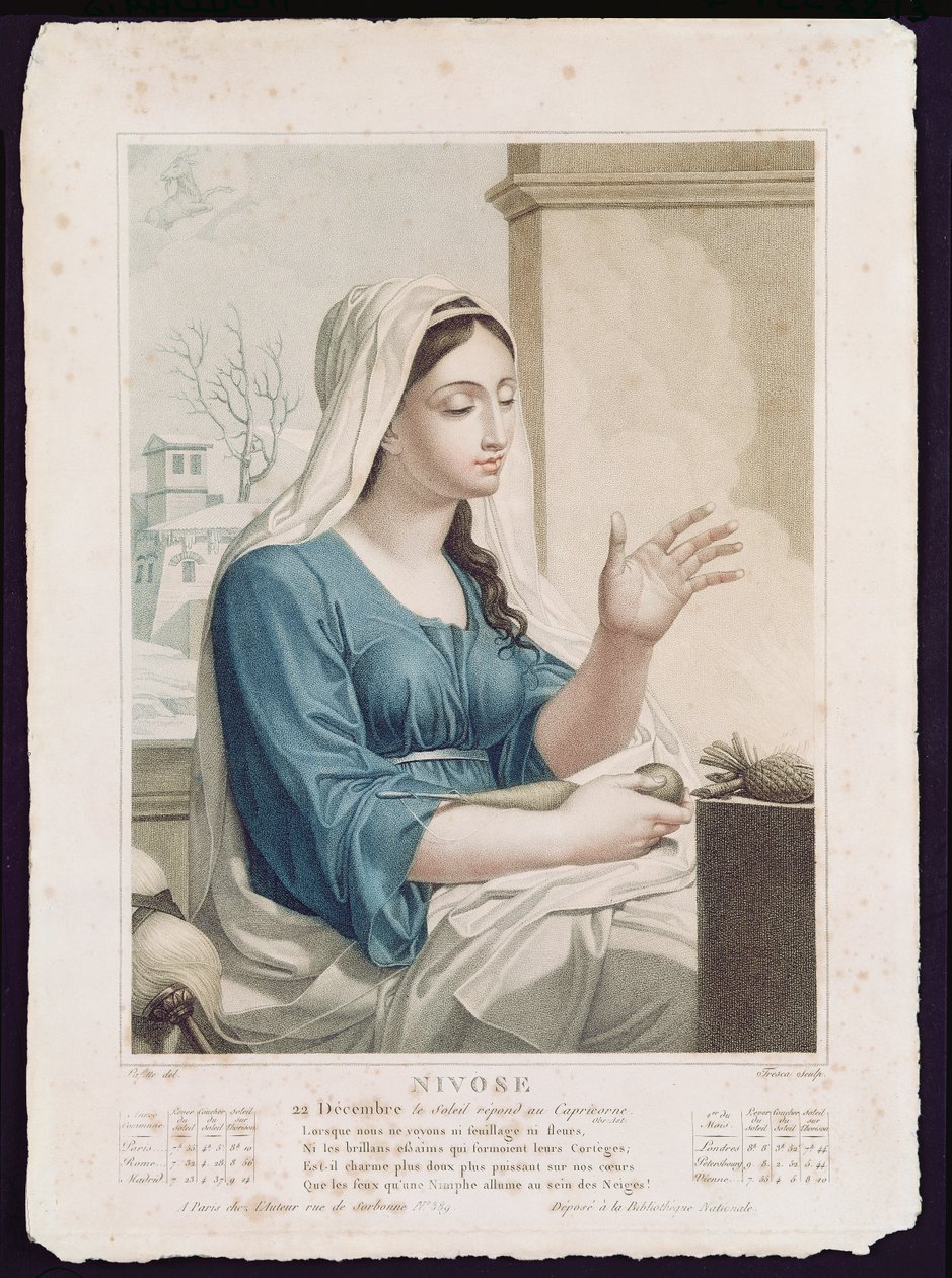 Nivose (joulukuu tammikuu), republikaanisen kalenterin neljäs kuukausi, kaiverrus Tresca, n. 1794 tekijältä Louis Lafitte