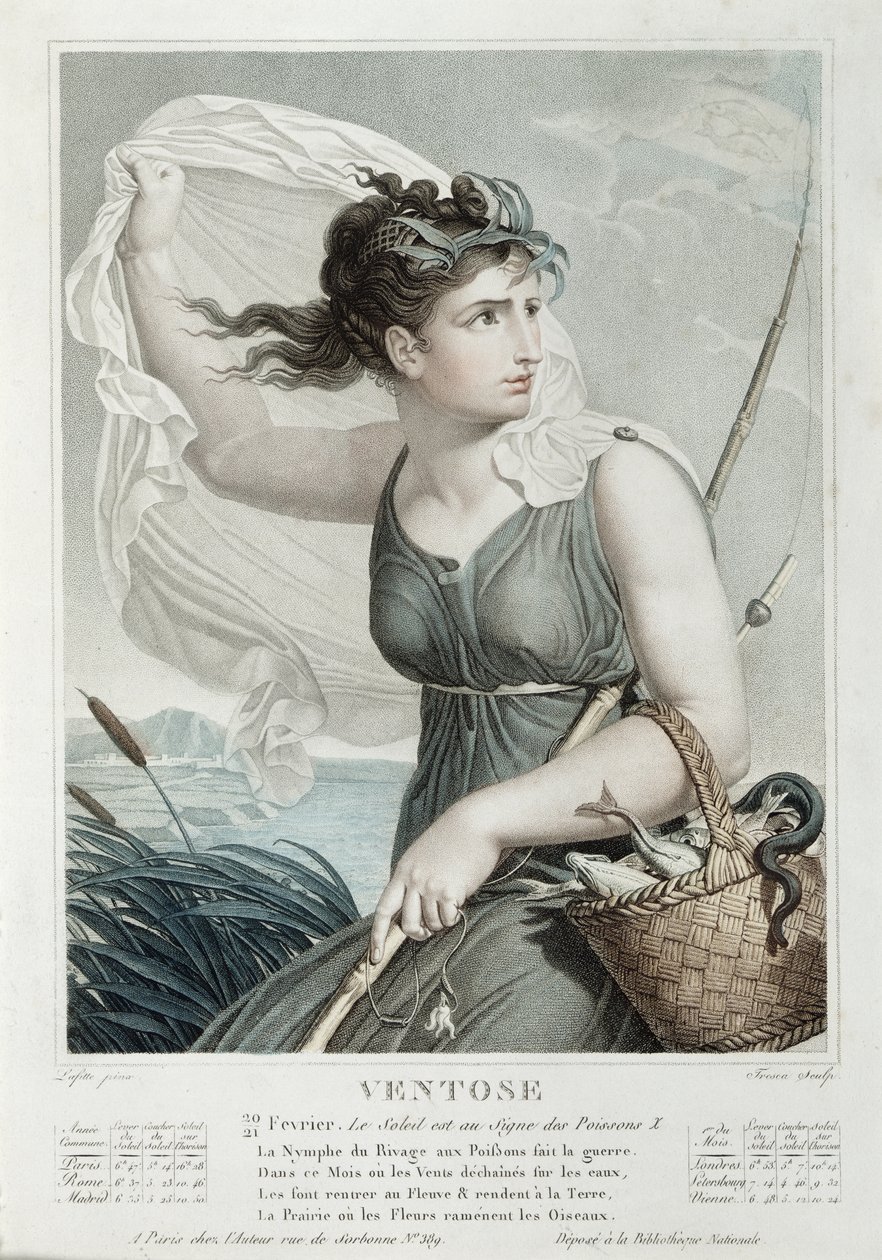 Ventose (helmikuu maaliskuu), republikaanisen kalenterin kuudes kuukausi, kaiverrus Tresca, n. 1794 tekijältä Louis Lafitte